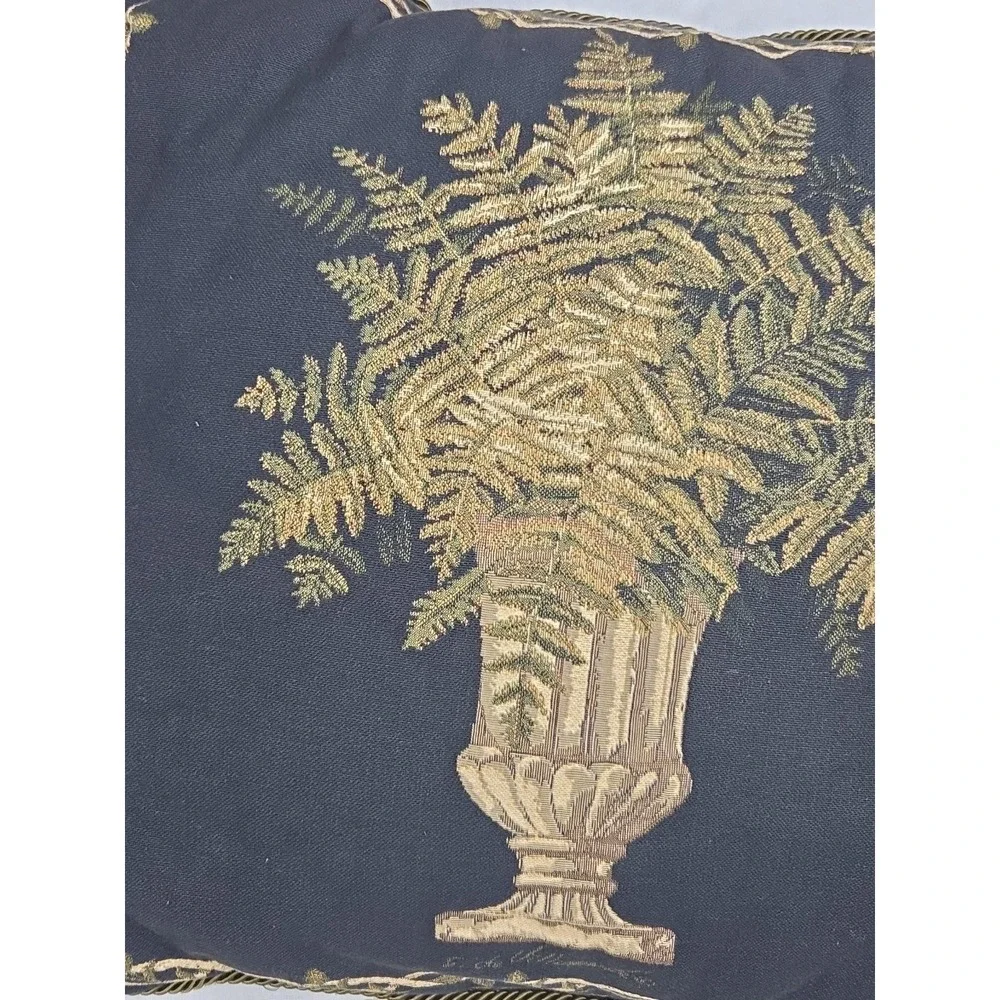 2 Vtg Borgata Tapestry‎ Rope Urn Fern Throw Pillows Black Green Tan 17 x 18 90s